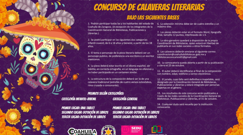 #Coahuila. CONVOCA EL GOBIERNO DEL ESTADO AL CONCURSO DE CALAVERAS LITERARIAS